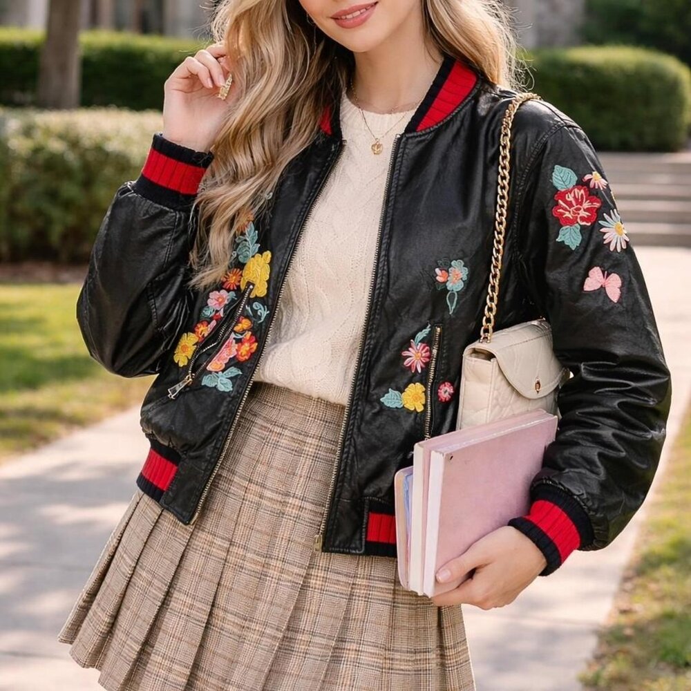 Statement Embroidered Bomber Jacket – Preppy x Punk Vibe